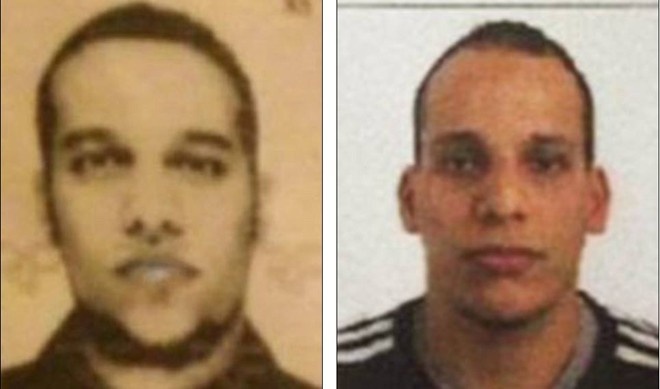 Hai nghi phạm Said Kouachi, 34 tuổi (trái) và Cherif Kouachi, 32 tuổi (phải) đã cùng tên Manyd Mourad, 18 tuổi thực hiện vụ tấn công khủng bố tại tòa soạn báo Charlie Hebdo hôm 7/1. Ảnh: Daily Mail