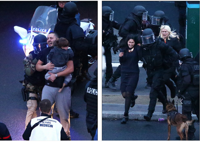 Một người đàn ông bế em nhỏ chạy khỏi nơi nguy hiểm (ảnh trái) và một phụ nữ bật khóc vì quá sợ hãi (ảnh phải). Nạn nhân của vụ bắt cóc gồm nhiều phụ nữ và trẻ em, Ảnh: Daily Mail