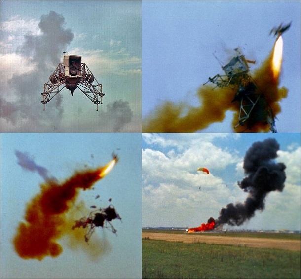 Ngày 6/5/1968, 3 trong số 5 tàu nghiên cứu đổ bộ lên mặt trăng (LLRV) đã rơi gần thành phố Houston, bang Texas, khi các phi hành gia thực hiện nhiệm vụ đào tạo tại căn cứ không quân Ellington. Nguyên nhân tai nạn là do hệ thống khí heli gặp sự cố, khiến tàu lao xuống đất. Phi hành gia Neil Armstrong đã may mắn thoát nạn khi nhảy ra ngoài một cách an toàn trước khi sự cố xảy ra. 