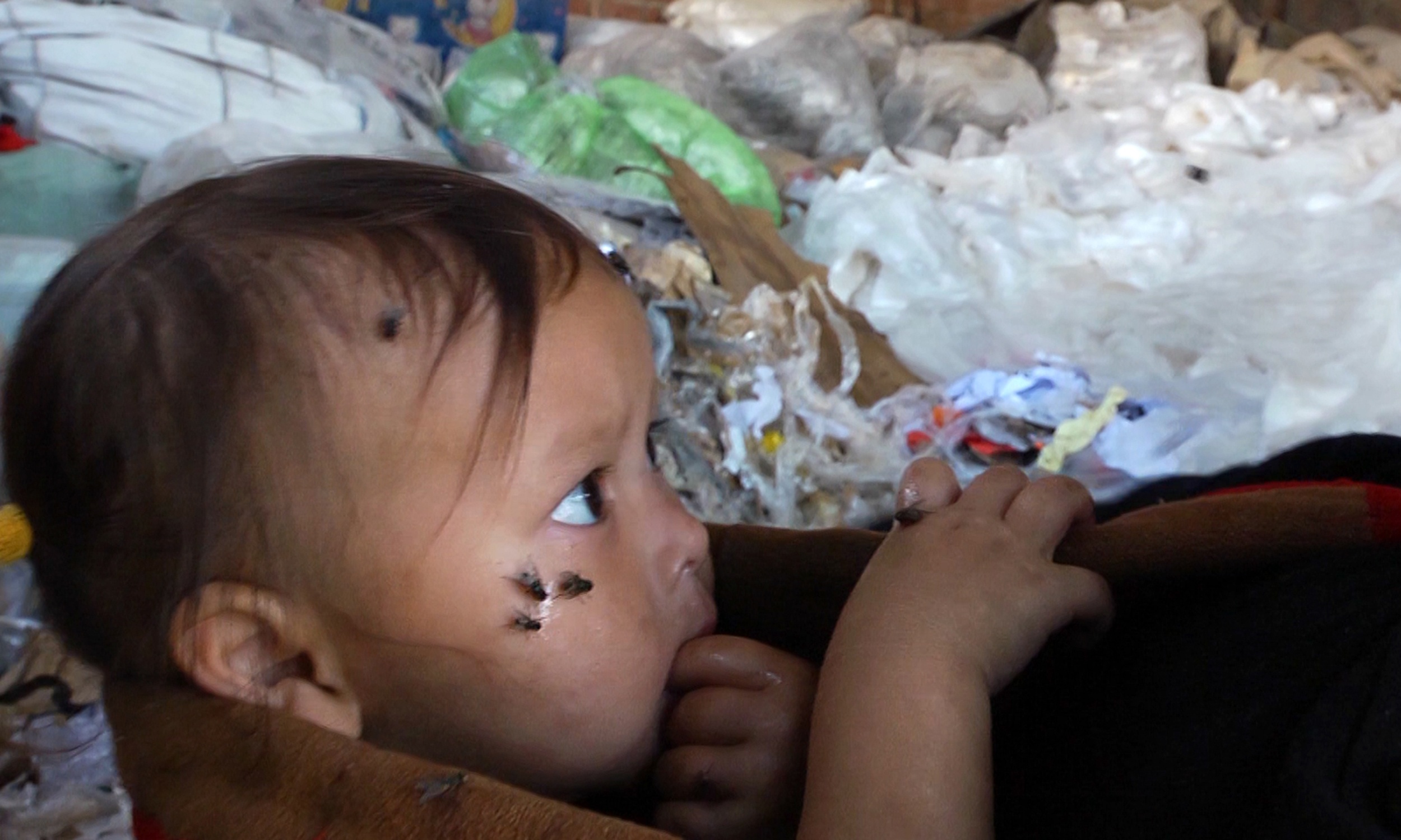 Ruồi đậu trên má một cậu bé ở xưởng tái chế rác tại một ngôi làng ở miền bắc Trung Quốc. Ngành công nghiệp xử lý và tái chế rác thải là một trong những ngành đem lại lợi nhuận đáng kể cho các vùng quê ở nông thôn Trung Quốc. Tuy nhiên, bên cạnh những đóng góp cho kinh tế địa phương, ngành này cũng gây tàn phá môi trường và đe dọa sức khỏe của người dân trong vùng.