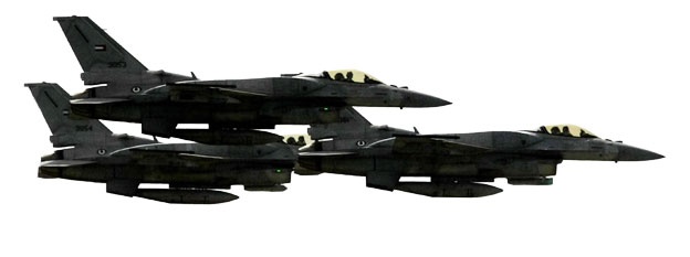F-16 Fighting Falcon: Đây là loại máy bay chiến đấu đa năng mà nhiều nước tham gia chiến dịch tiêu diệt IS đã sử dụng, như Jordan, Bahrain, các Tiểu vương quốc Ả rập thống nhất (UAE), Hà Lan, Đan Mạch và Bỉ. Khác với những nước phương Tây chủ yếu không kích IS ở Iraq, máy bay của các đồng minh Ả rập tấn công căn cứ IS tại Syria. Ngoài khả năng phóng tên lửa không đối không Sidewinders và không đối đất Maverick, máy bay F-16 còn có thể thực hiện những vụ dội bom và gây nhiễu loạn tín hiệu radar.