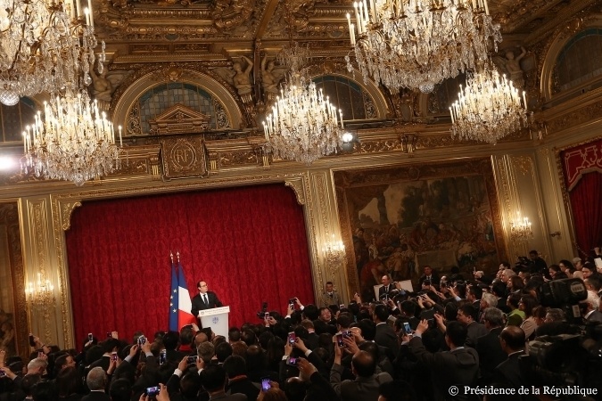  Toàn cảnh buổi tiệc chúc Tết Nguyên đán đến người dân các nước châu Á đang sinh sống và làm việc tại Pháp diễn ra ở điện Elysee (thủ đô Paris, Pháp) vào đêm 16/2. Đây là năm thứ 3 dinh Tổng thống Pháp tổ chức sự kiện này. 