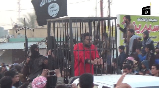 Người ta có thể thấy rõ lá cờ của IS được cắm quanh lồng sắt nhốt tù binh. 