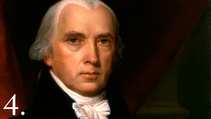 5. James Madison (tổng thống thứ 4, nhiệm kỳ 1809 - 1817) Ông Madison là chủ đất sở hữu nhiều mẫu ruộng nhất ở quận Cam, bang Virginia.  Diện tích các khu đất mà ông sở hữu rộng khoảng 20 km2. Ông đạt mức thu nhập đáng kể khi giữ chức ngoại trưởng và tổng thống Mỹ. Tuy nhiên, ông thất thoát dần tài sản vào những năm cuối đời do việc kinh doanh từ trang trại suy giảm.