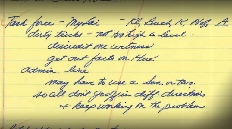 Ghi ghép tay về chỉ đạo của tổng thống Nixon để che đậy sự thật vụ thảm sát ở Mỹ Lai, đề cập đến