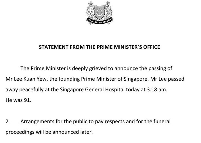 Thông báo của Văn phòng Thủ tướng Singapore về việc ông Lý Quang Diệu qua đời. Ảnh: pmo.gov.sg