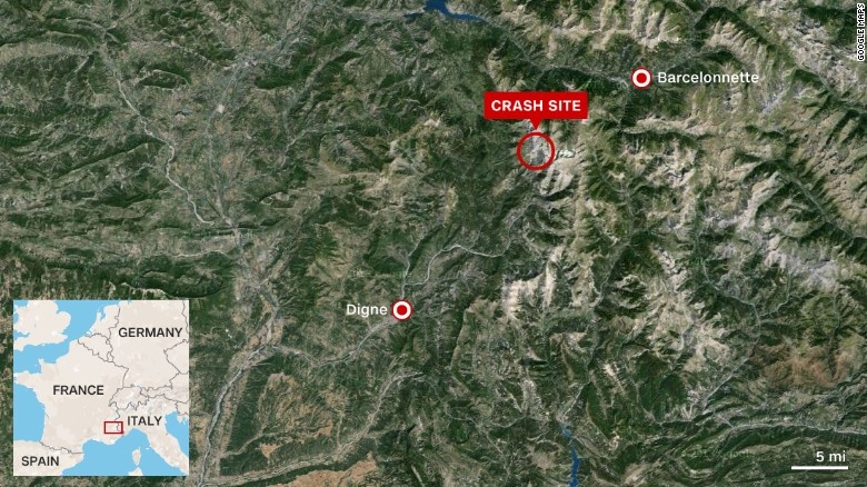 Bản đồ hành trình tai nạn của chuyến bay 4U9525. Ảnh: CNN