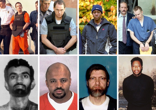 Một số người tù khét tiếng từng bị giam ở nhà tù ADX. Hàng trên: Eric Rudolph, kẻ đánh bom trong cuộc thi thể thao ở thành phố Atlanta; Terry Nichols, thủ phạm đánh bom ở thành phố Oklahoma; Umar Farouk Abdulmutallab, phần tử khủng bố giấu bom trong quần lót; Michael Swango, nguyên bác sĩ đã đầu độc 60 bệnh nhân. Hàng dưới: Larry Hoover, một trùm băng đảng xã hội đen; Ted Kaczynski, tên sát nhân hàng loạt; Zacarias Moussaoui, kẽ đồng lõa trong vụ khủng bố 11/9; Ramzi Yousef, người chủ mưu vụ đánh bom Trung tâm Thương mại Thế giới năm 1993.