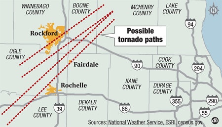 Đường di chuyển của vòi rồng ngang qua các khu vực Rochelle, Fairdale, Mỹ . Ảnh: dailyherald.com