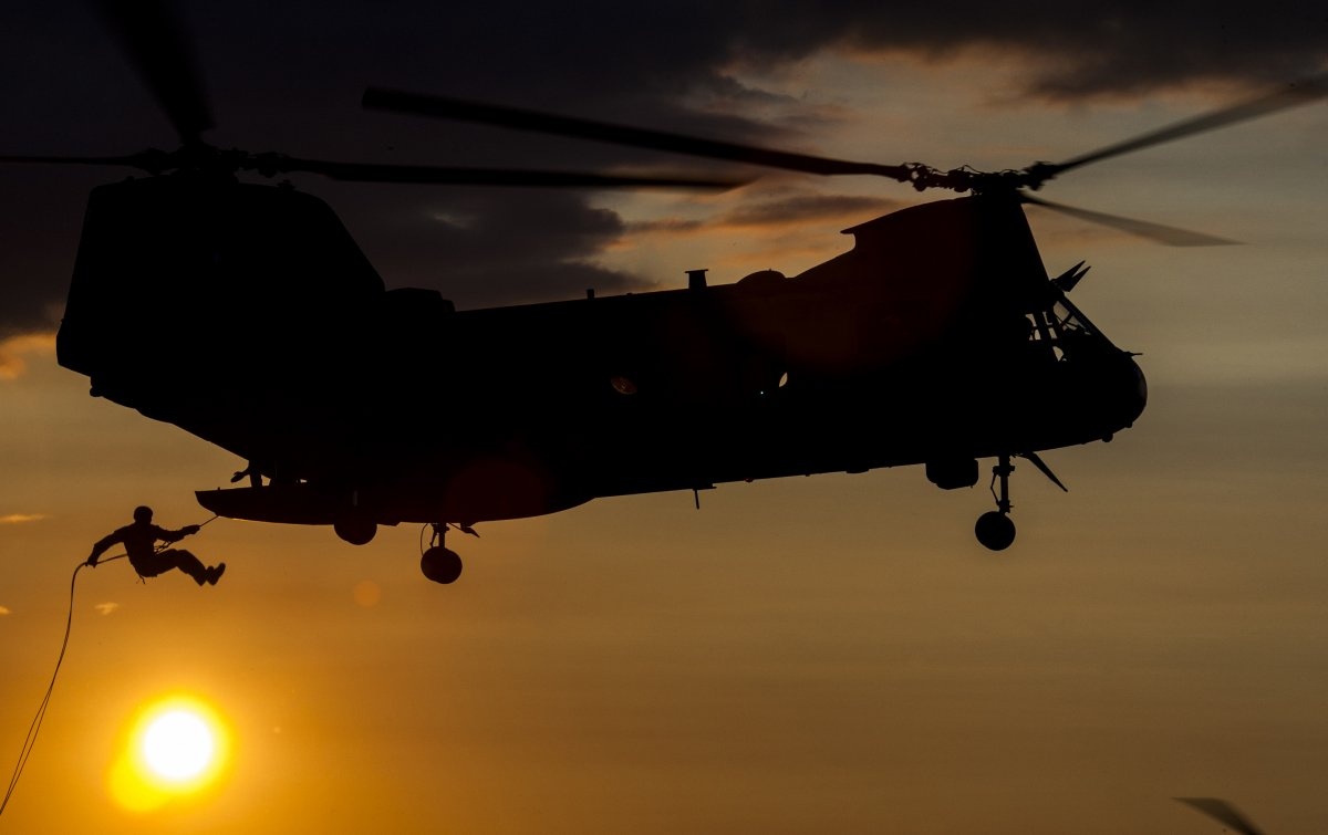 Một binh sĩ thuộc tiểu đoàn trinh thám số 4 đu dây ra khỏi trực thăng CH-46E Sea Knight trong buổi đào tạo tại trại Upshur thuộc Căn cứ Thủy quân Lục chiến (MCB), ngày 17/7/2014. 