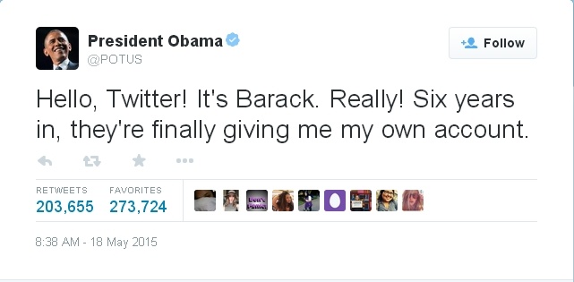 Tổng thống Obama gia nhập Twitter với lời nhắn đầu tiên. Ảnh: Twitter