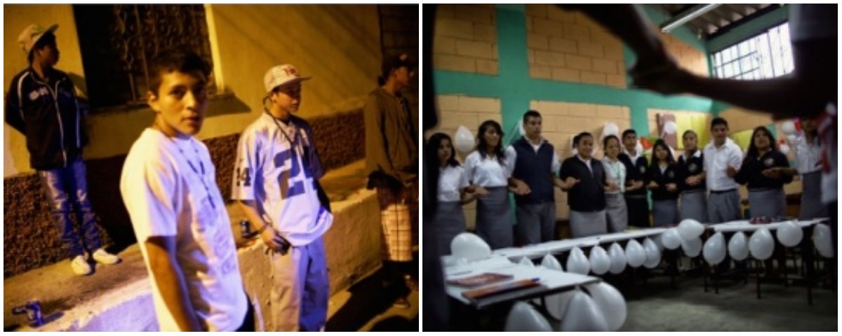 Các thành viên viên nhỏ tuổi của băng đảng MS-13 tập trung tại một gốc phố ở khu 18 trái ngược với hình ảnh học sinh của một trường học ở khu 24 tham dự hội thảo xây dựng hòa bình. 