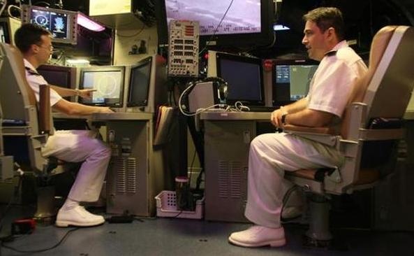 Các sĩ quan Hải quân Mỹ  tại phòng điều động trên tàu USS Fort Worth ngày 16/10. Mỹ và Ấn Độ đã tổ chức các cuộc tập trận Malabarr từ năm 1992 nhưng năm nay đánh dấu lần đầu tiên Nhật Bản tham dự sự kiện. Giới chức quân sự Mỹ khẳng định đây là cơ hội lớn để tăng cường hợp tác hải quân giữa 3 nước. Trong khi đó, các nhà quan sát cho rằng, sự hiện diện của Nhật Bản trong Malabarr 2015 là động thái khiến Bắc Kinh lo lắng. Ảnh: Indiatimes