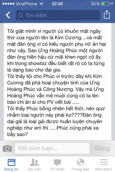 Những dòng bôi xấu Kim Cương trên facebook giả mạo.