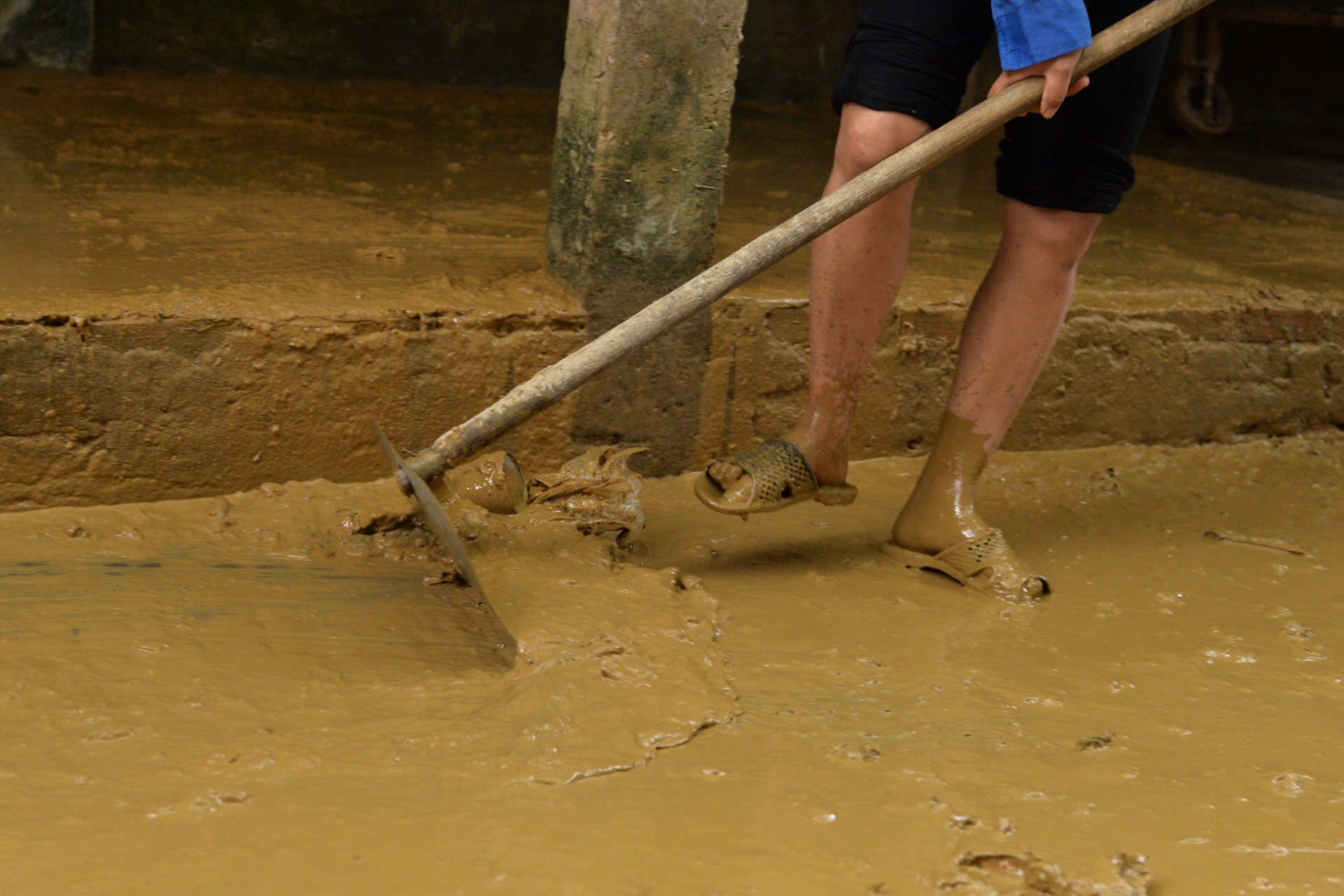 Bun dat bam day nha cua khi nuoc lu rut hinh anh