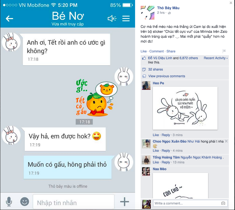 Út Cam của bộ sticker Chúc Tết cực vui xuất hiện hài hước trong post của Thỏ Bảy Màu.