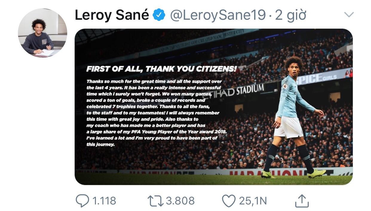 Leroy Sane gui loi tri an toi Man City va HLV Guardiola anh 1