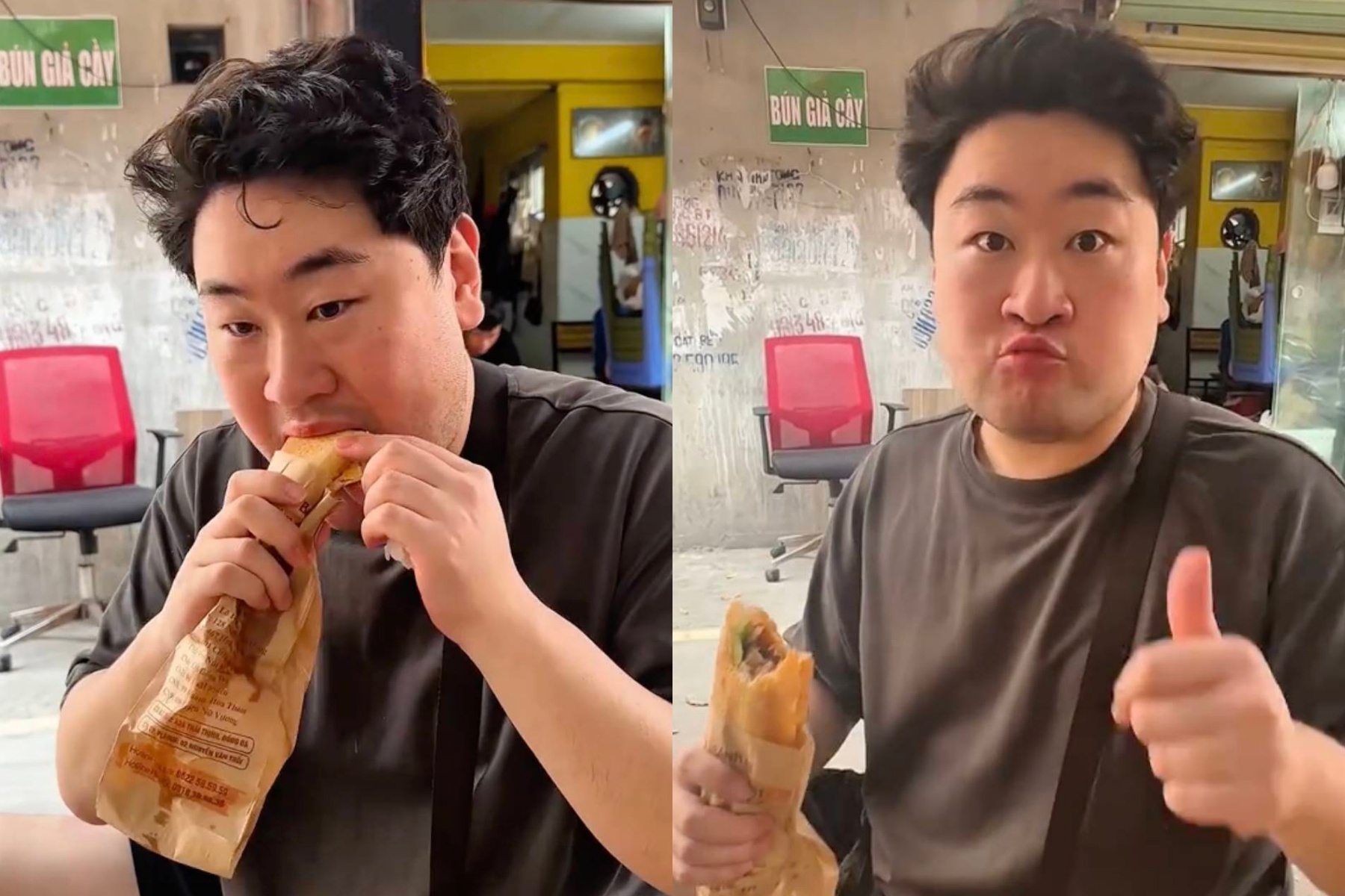 Thanh nien Han Quoc tron mat, ha mieng khi an banh mi Viet Nam hinh anh