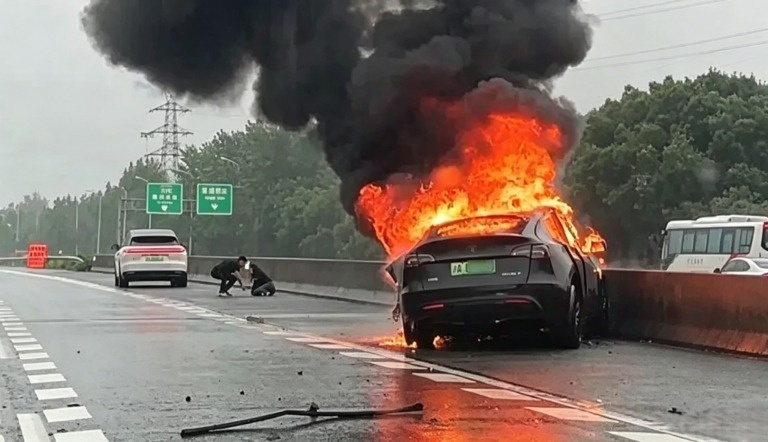 Xe dien Tesla Model Y tu mat lai, tong vao dai phan cach va boc chay hinh anh
