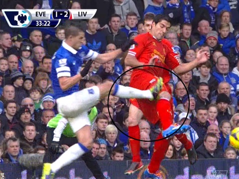 Pha dap bong ron nguoi cua Mirallas voi Suarez hinh anh