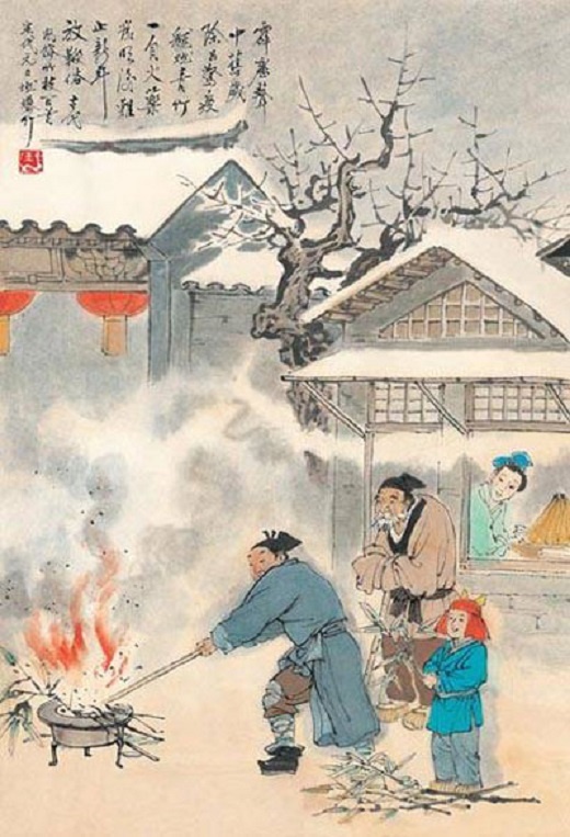 Người Trung Quốc cổ đại nhồi thuốc súng vào thân trúc tạo thành pháo hia và kích nổ chúng bằng cách ném vào lửa. Ảnh minh họa: