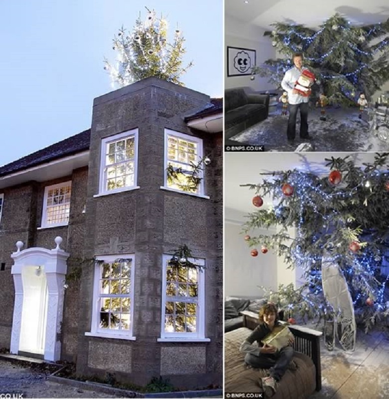 Cây thông khổng lồ xuyên mái nhà là món quà Giáng sinh đặc biệt mà ông bố đơn thân ở Anh tặng cho 3 đứa con. Ảnh: 