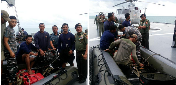 Một quan chức quân đội Indonesia công bố ảnh các thợ lặn chuẩn bị xuống nước để vớt đuôi máy bay hôm 9/1. Ảnh: Twitter
