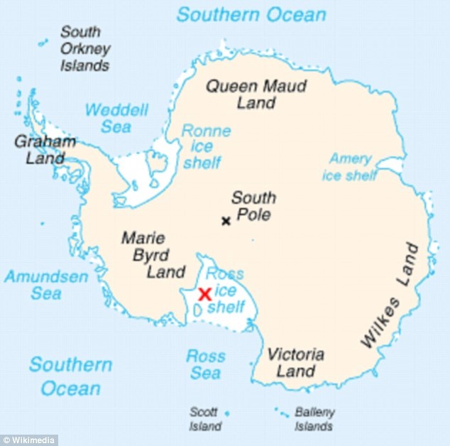 Vị trí của thềm băng Ross (dấu X đỏ) trên bản đồ. Biển Ross