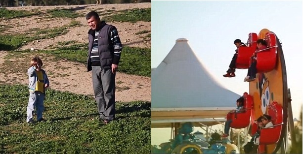 Một bé trai vẫy tay khi thấy carema hướng về phía mình, trong khi đó, một bé gái khác lại rất thích thú với trò chơi tàu lượn. 