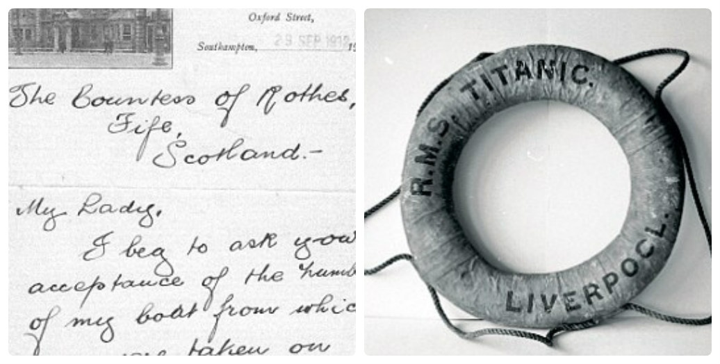Bức thư Able Seaman Jones gửi bá tước phu nhân kèm theo món quà (phải) và một phao cứu sinh trên tàu Titanic. Ảnh: Daily Mail