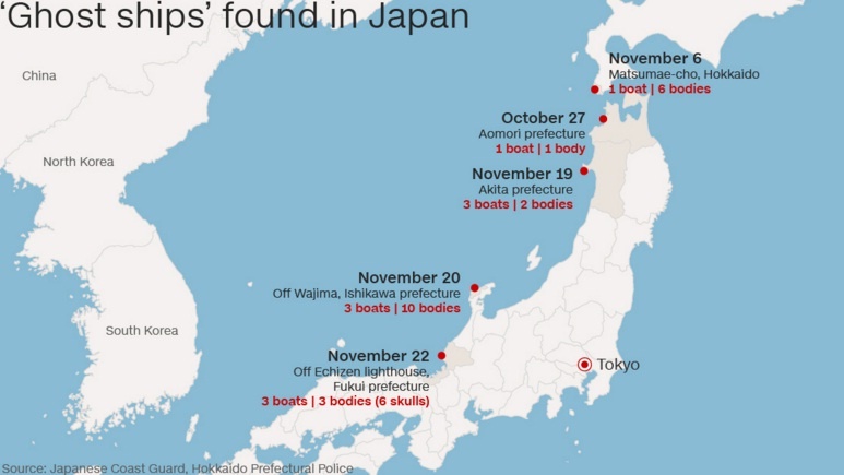 Vị trí các tàu được tìm thấy ở Nhật Bản từ tháng 10 năm nay. Ảnh: Japanese Coast Guard