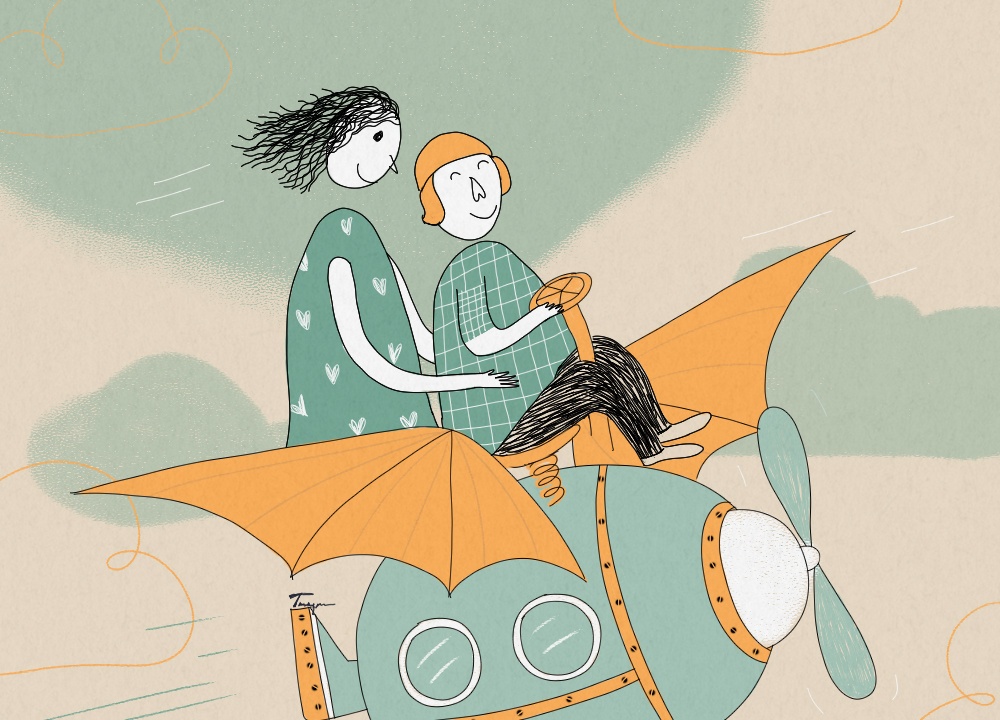 4 nam yeu, toi moi co the di may bay cung co ay hinh anh