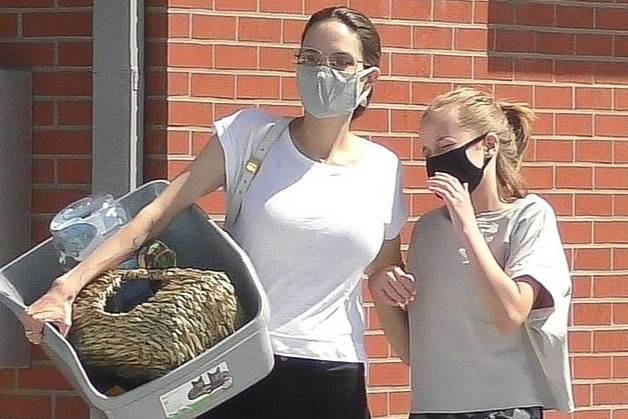 Angelina Jolie cham mang khau trang gia binh dan hinh anh