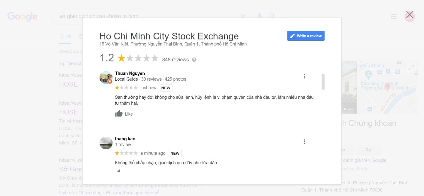 HoSE bi bao danh gia 1 sao tren Google anh 2