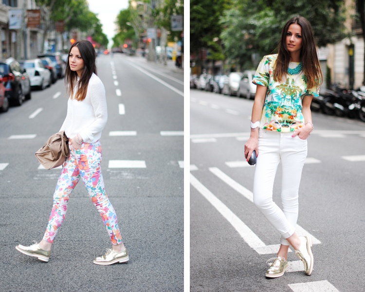 Giày oxford ánh kim vàng kết hợp với áo hoặc quần họa tiết hoa là cách hay để bạn trở thành cô gái mùa hè trẻ trung, tươi mới và phong cách.