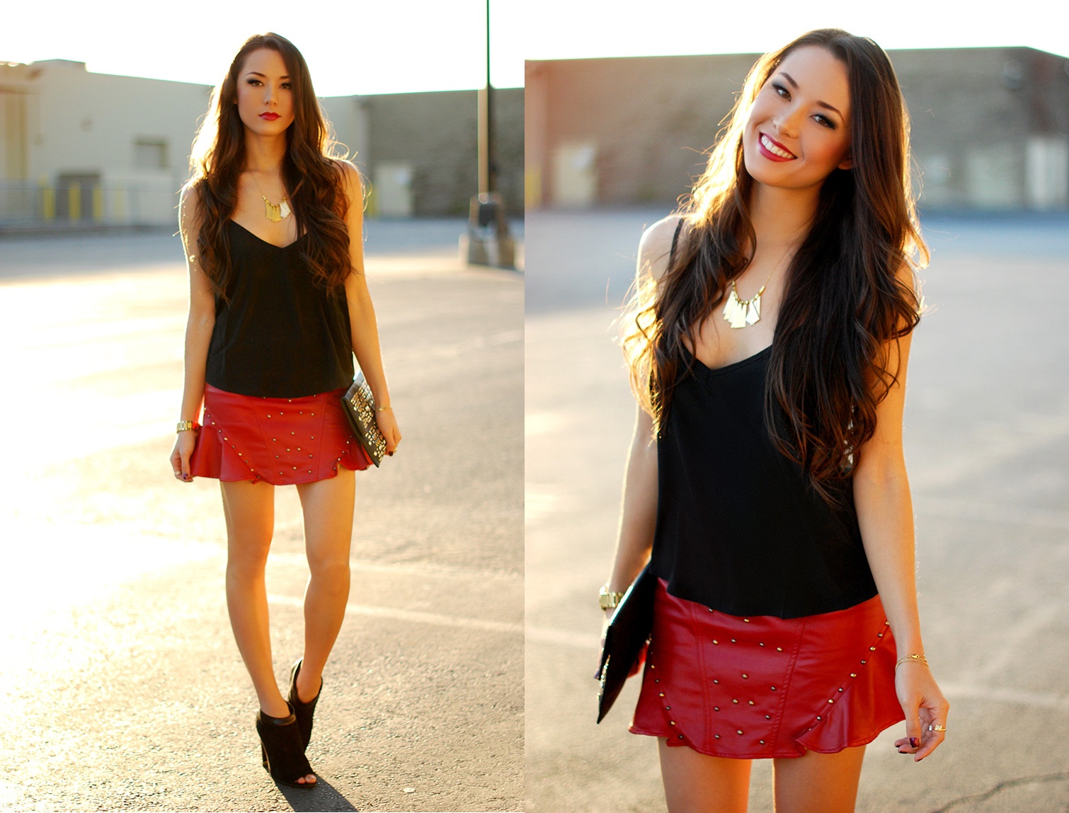 Trong khi đó, với các trang phục mix & match bằng nhiều kiểu dáng, chất liệu và màu sắc khác nhau như chiếc áo dây đen và váy da đinh ghim này, chỉ nên dùng thêm 1 chiếc đồng hồ to bản, 1 chiếc vòng tay metallic trơn và sợi dây chuyền ánh kim kiểu dáng trang nhã, nhẹ nhàng.