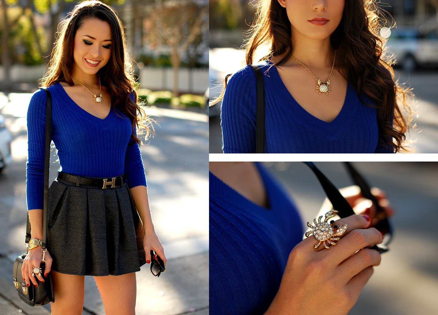 Trang sức thiết kế cách điệu từ hình dáng động vật như bộ trang sức hình chú cua ngộ nghĩnh chất liệu metallic này luôn là loại phụ kiện giúp tôn thêm vẻ đẹp quyến rũ, cá tính cho chủ nhân của chúng, và Jessica đã khéo léo kết hợp với áo len xanh corban cùng váy ngắn để tạo nên một phong cách tổng thể hết sức đáng yêu.