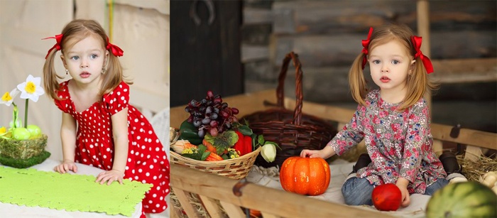 Tóc buộc đôi gà, cài thêm chiếc nơ be bé, mẫu nhí khiến người xem dễ liên tưởng đến một cô búp bê sống động, đáng yêu.