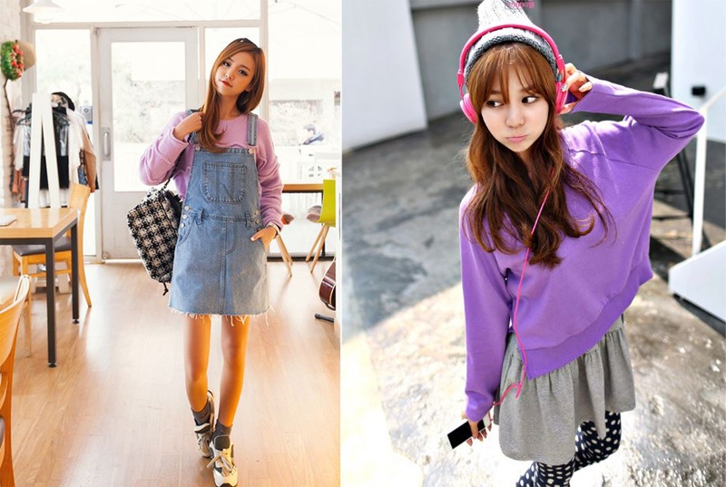 Đón hè sang, những bạn gái trẻ trung, vui tính lại có nhiều cách kết hợp trang phục tím pastel sáng tạo và cuốn hút đến không ngờ như đóng cặp áo thun và jeans yếm, hoặc phối áo thun tím theo dạng layering.