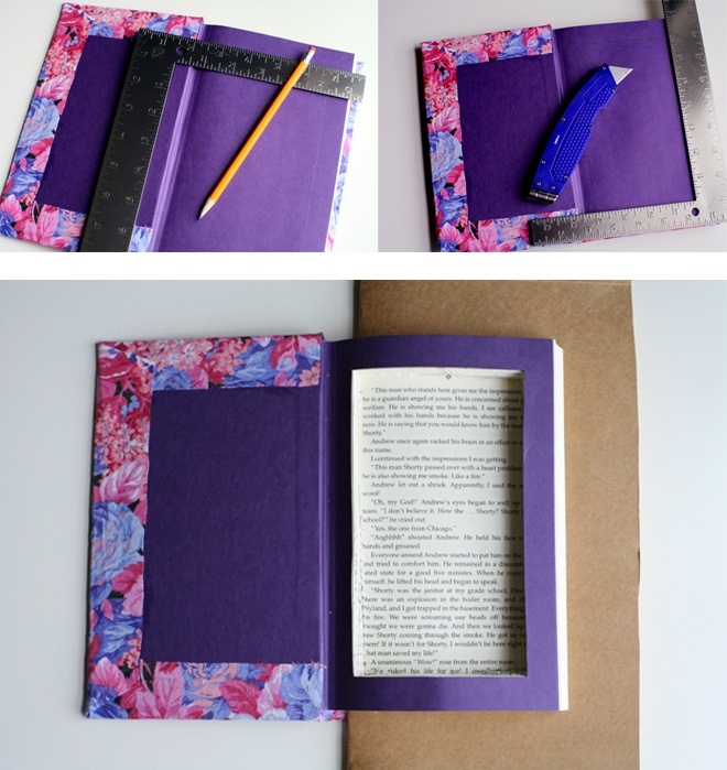 Đầu tiên, bạn dùng thước kẻ đánh dấu phần ruột sách sẽ cắt đi. Sau đó dùng dao rọc sách rọc theo đường kẻ đã đánh dấu, lưu ý nên lót thêm miếng giấy cứng ở trên bìa sách để tránh cắt phạm phần bìa sách.