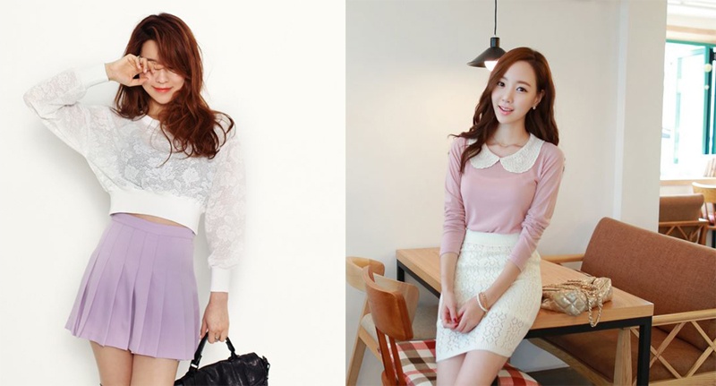 Cách kết hợp đơn giản và phổ biến nhất của 2 gam màu này là áo trắng với váy tím, hoặc ngược lại áo tím và váy trắng.