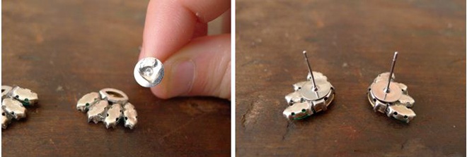 Bước 3: Đợi khoảng 10 – 15 phút cho keo khô, rồi bóc phần mặt hoa tai vừa tạo thành ra khỏi giấy sáp. Nếu dùng bìa nhựa trong, bạn nên cắt miếng nhựa theo khuôn của đôi hoa tai. Sau đó dùng keo dán phần đế vào mặt sau của đôi hoa tai.