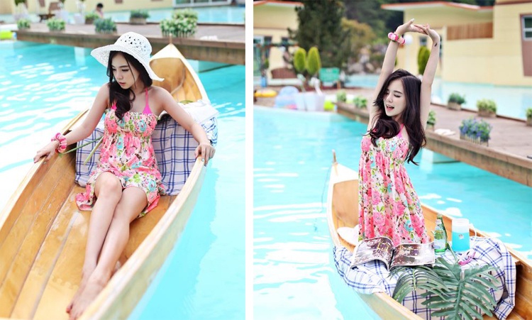 Váy hoa hoặc họa tiết nhiệt đới rực rỡ giúp bạn gái kín đáo mà vẫn quyến rũ trên bờ biển hay trên phố đông người.