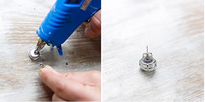 Dùng keo dán mặt sau đế khuyên vào 1 hạt đá crystal và làm tương tự với chiếc hoa tai còn lại.