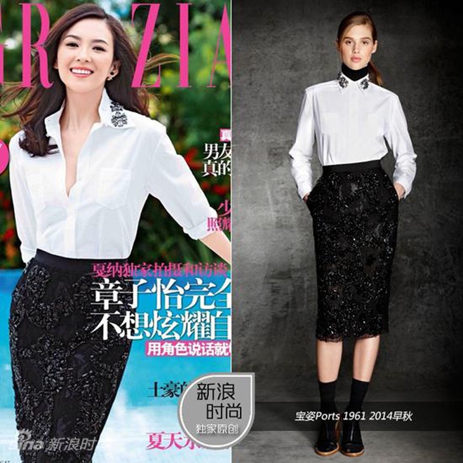 Chương Tử Di chọn bộ cánh rất ấn tượng và thanh lịch của thương hiệu Ports 1961 khi chụp ảnh bìa cho 1 tạp chí Hoa ngữ. Chiếc váy sequin đen và áo sơ mi trắng có phần cổ áo kết họa tiết độc đáo được người đẹp phối đơn giản, không dùng phụ kiện nhưng vẫn ngời sáng so với mẫu gốc.