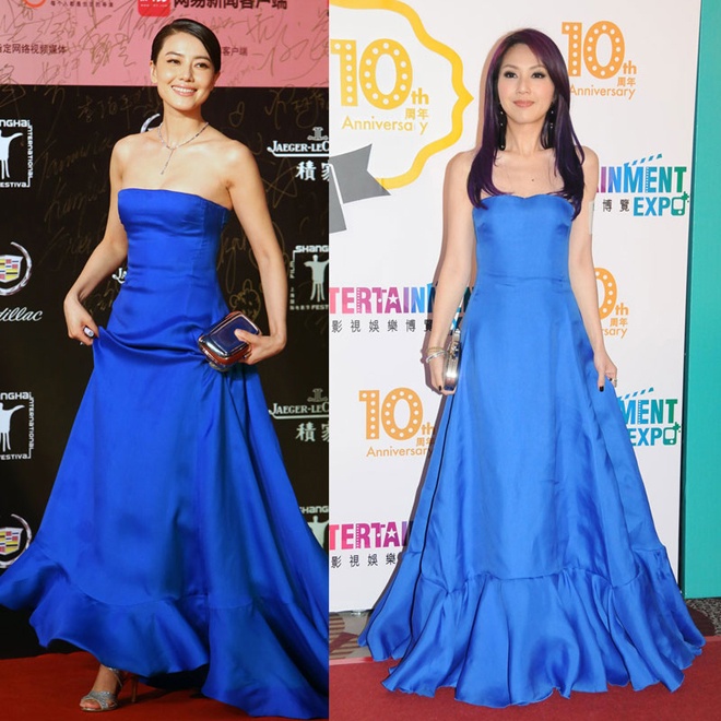 Là 1 trong nhiều người đẹp yêu thích hàng hiệu của làng giải trí Hoa ngữ, không ít lần Cao Viên Viên đã chọn váy áo y hệt đồng nghiệp, đơn cử như mẫu váy xanh sang trọng trong BST Ralph Lauren 2014 đã bị “đụng hàng” với diễn viên Dương Thiên Hoa.