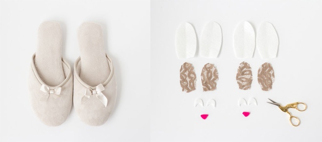 Để bắt tay vào quá trình “hô biến” dép bông, hãy chuẩn bị đầy đủ các nguyên phụ liệu bạn nhé. Các vật dụng cần có là 1 đôi dép bông mang ở nhà, 2 miếng vải nỉ màu trắng và hồng cánh sen, vải ren, kéo và keo dán. Sau đó cắt các miếng vải nỉ, ren theo hình minh họa, kích thước to hay nhỏ tùy sở thích và độ lớn đôi dép bông của bạn.