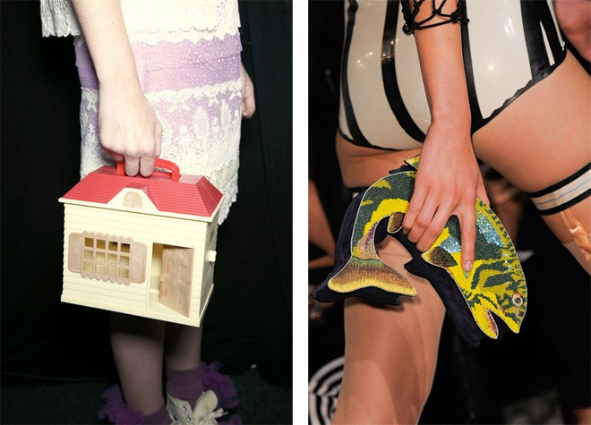 Giỏ xách mô phỏng hình dáng ngôi nhà gỗ xinh xinh, dễ yêu của thương hiệu Ryan Lo hay con cá vàng của Lanvin khiến nhiều tín đồ mê đắm.