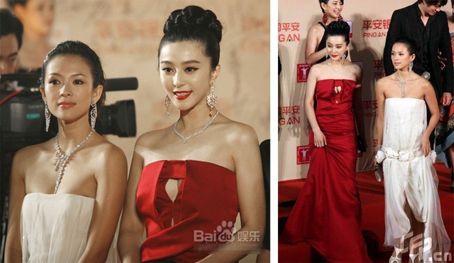 Dù chiều cao chênh lệch khá nhiều, nhưng Chương Tử Di vẫn không kém cạnh nàng Băng Phạm nhờ phong thái tự tin, sang trọng.