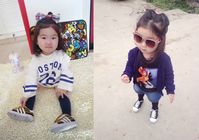 Các loại áo thun in chữ, hoặc họa tiết hoạt hình ngộ nghĩnh cũng rất dễ gặp trong tủ đồ của cô nhóc mắt hí.